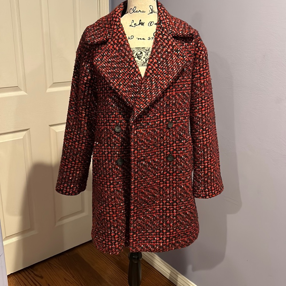 Zara Basic Tweed Boucle Boyfriend Plaid Pea Coat